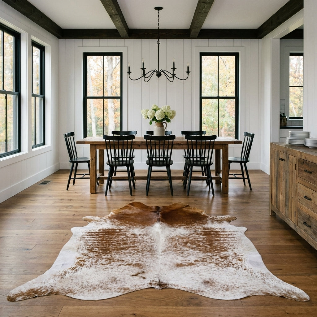 Brown salt and pepper cowhide rug on the oak floor of a modern farmhouse dining room with a rustic wood table and black Windsor chairs