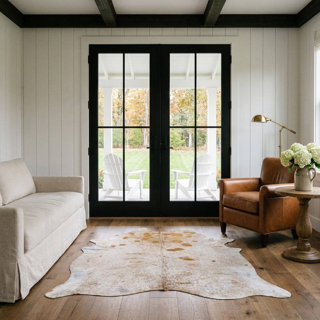 Light salt and pepper cowhide rug with golden spots in a modern farmhouse living room with black French doors and leather club chair
