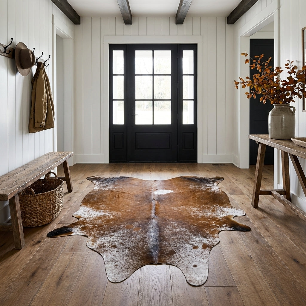 Brown salt and pepper cowhide rug on the oak floor of a modern farmhouse entry hall with a wooden bench and black front door