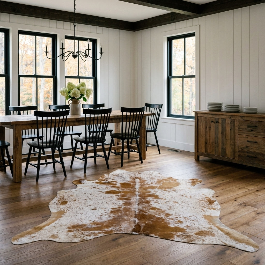 Brown salt and pepper cowhide rug on the oak floor of a modern farmhouse dining room with a rustic wood table and black Windsor chairs