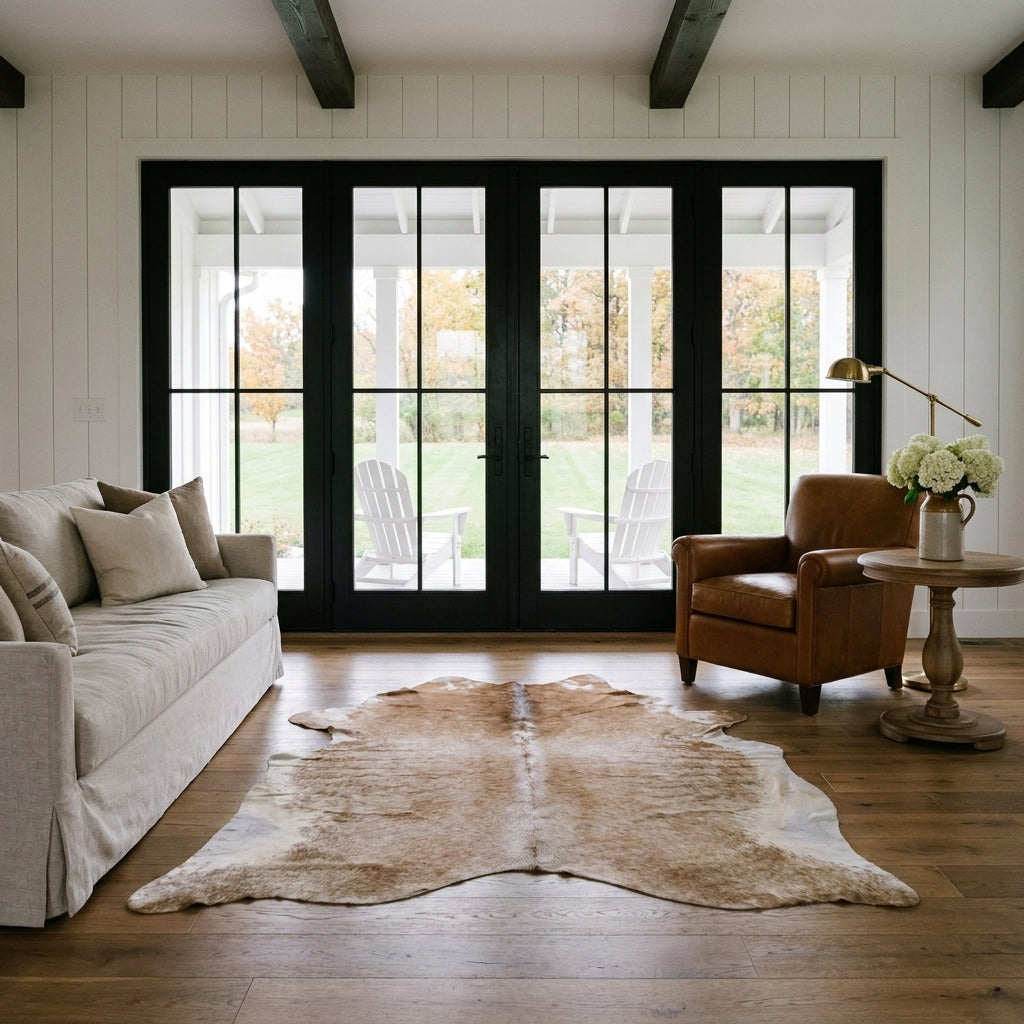 Brown salt and pepper cowhide rug in a modern farmhouse living room with black French doors, linen sofa and leather club chair