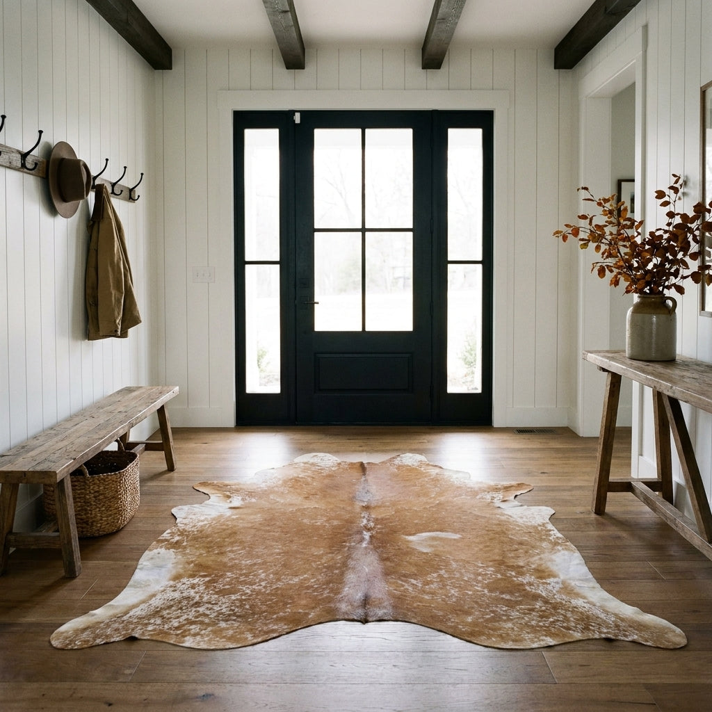 Brown salt and pepper cowhide rug on the oak floor of a modern farmhouse entry hall with a wooden bench and black front door