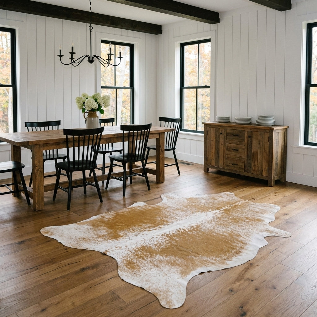 Golden brown salt and pepper cowhide rug on the oak floor of a modern farmhouse dining room with a rustic wood table and black Windsor chairs