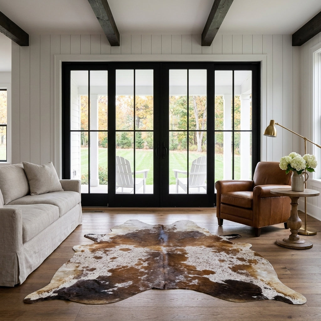 Brown salt and pepper cowhide rug in a modern farmhouse living room with black French doors, linen sofa and leather club chair