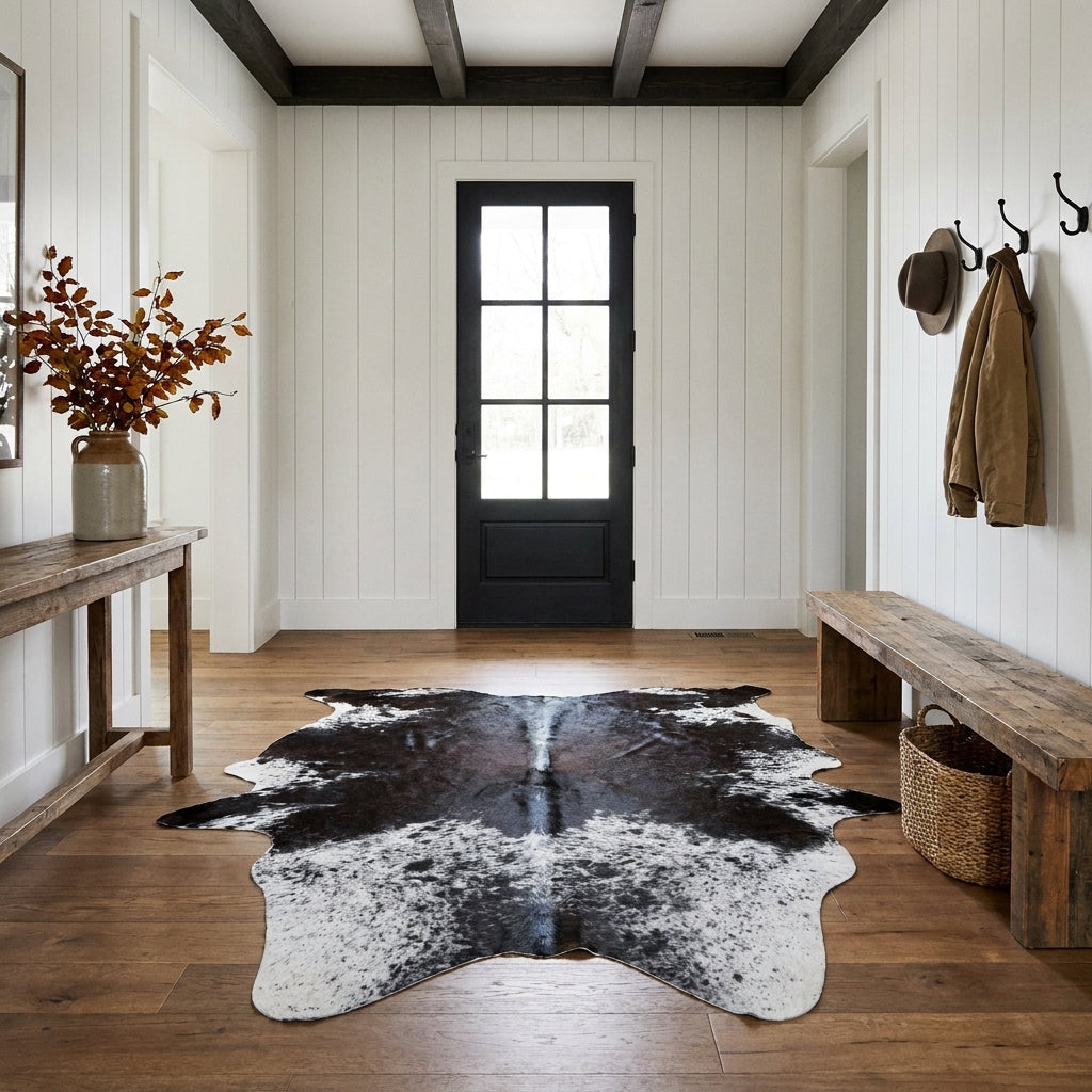 Black and white speckled Brazilian cowhide rug on the oak floor of a modern farmhouse entry hall with a wooden bench and black front door