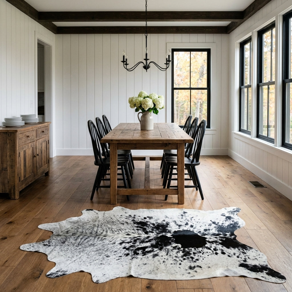 Black and white speckled Brazilian cowhide rug on the oak floor of a modern farmhouse dining room with a rustic wood table and black Windsor chairs