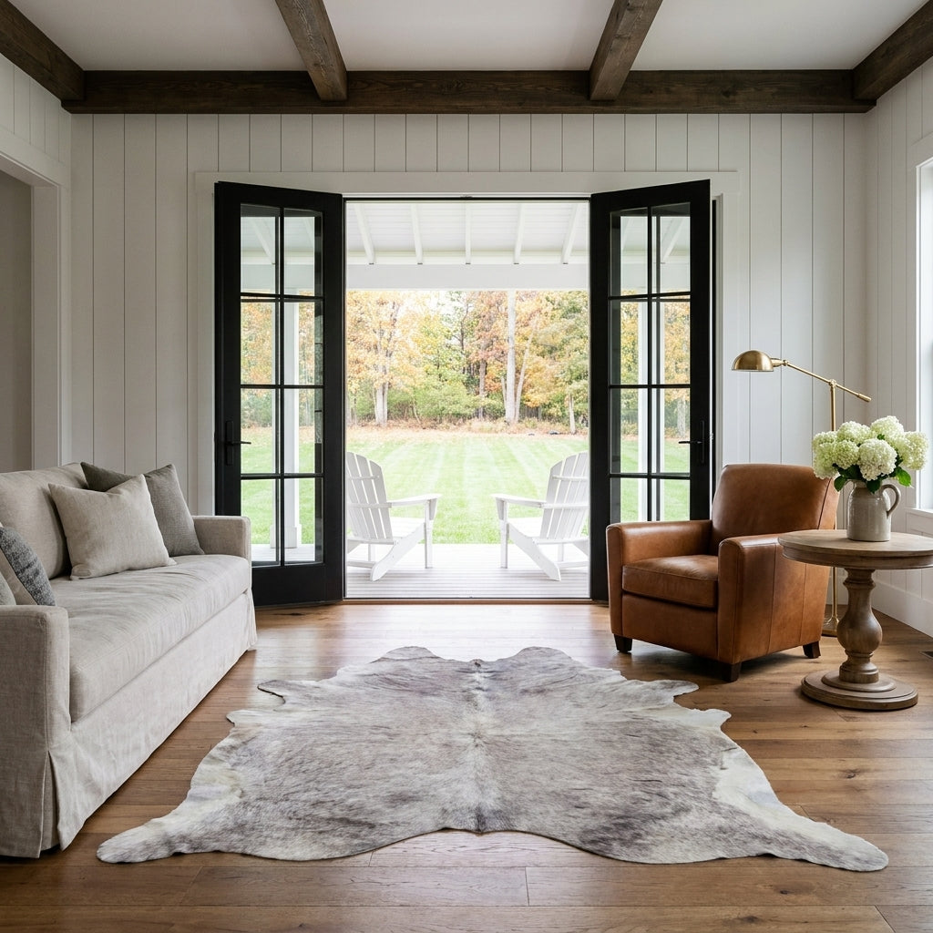 Grey and white speckled Brazilian cowhide rug in a modern farmhouse living room with open black French doors, linen sofa and leather club chair