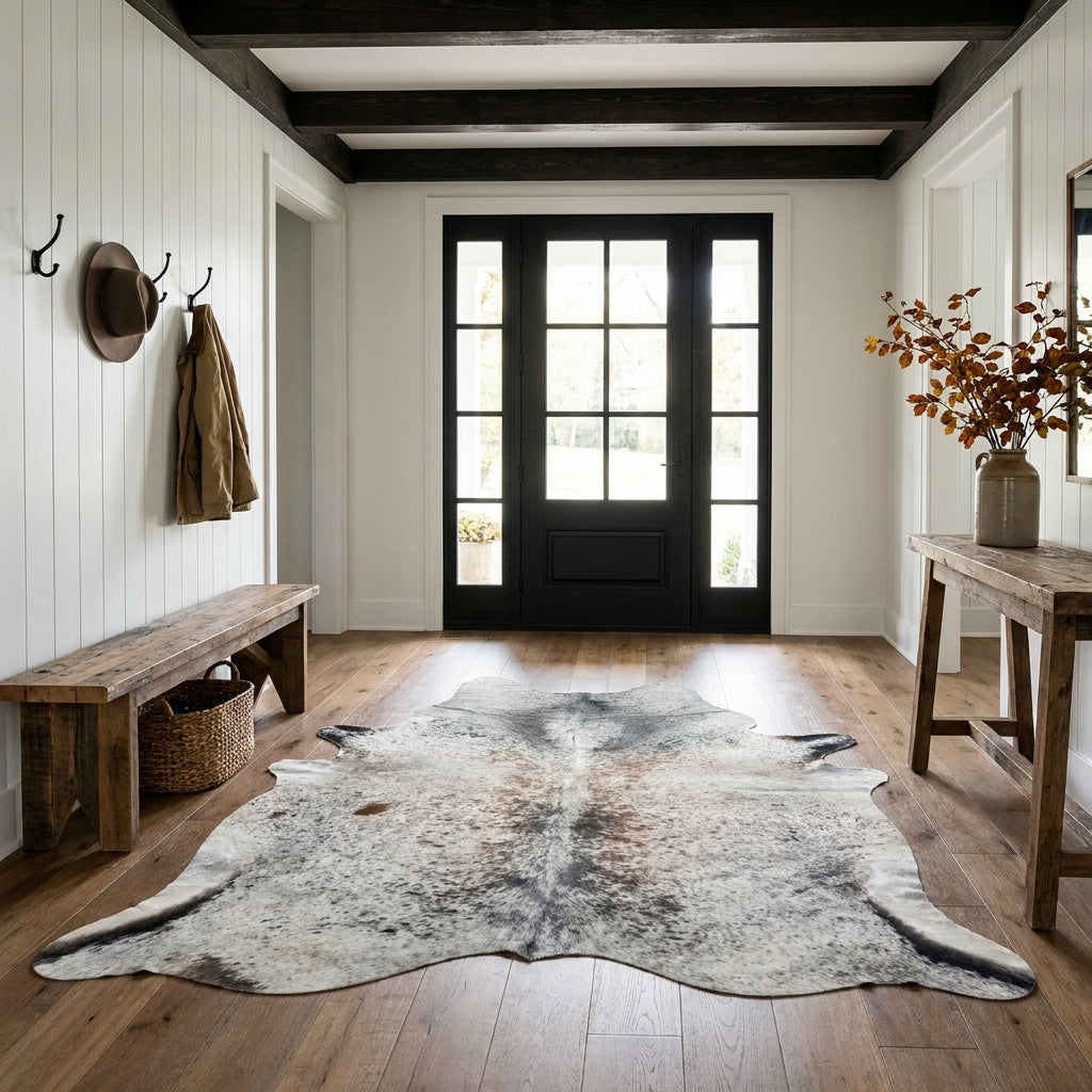 Salt and pepper Brazilian cowhide rug on the oak floor of a modern farmhouse entry hall with a wooden bench and black front door