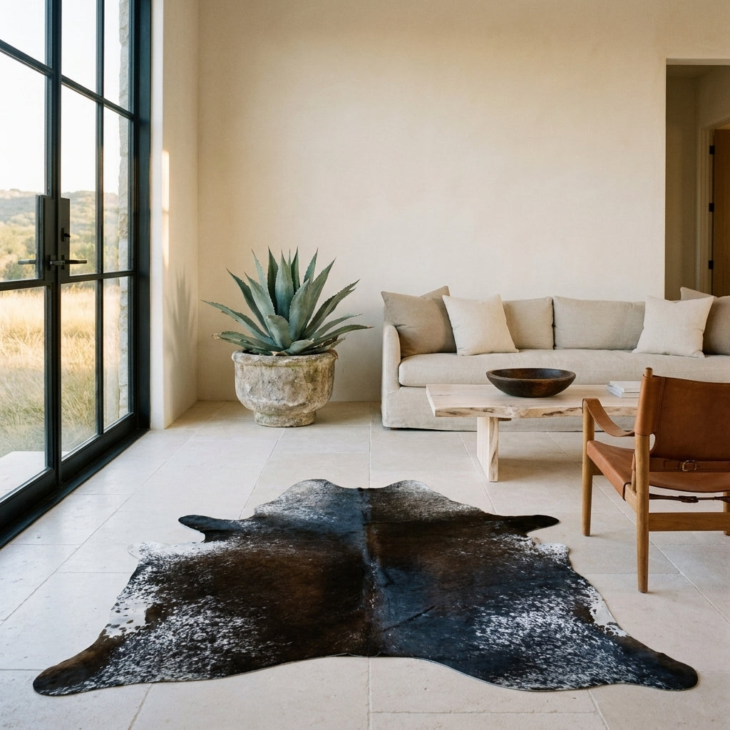 Black salt and pepper cowhide rug on a limestone floor in a minimal Texas Hill Country living room with leather sling chairs