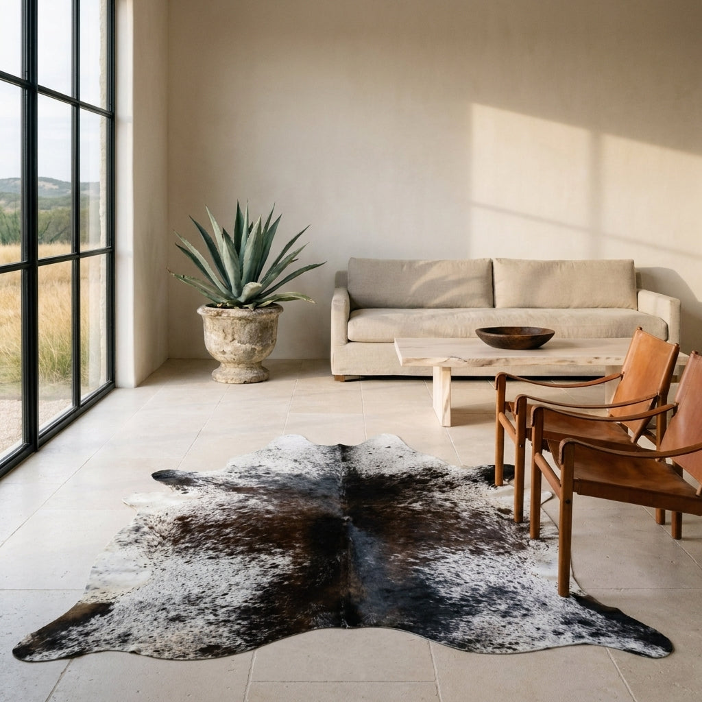 Black salt and pepper cowhide rug on a limestone floor in a minimal Texas Hill Country living room with leather sling chairs