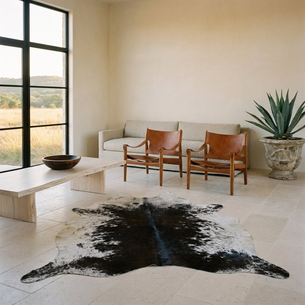 Black salt and pepper cowhide rug on a limestone floor in a minimal Texas Hill Country living room with leather sling chairs