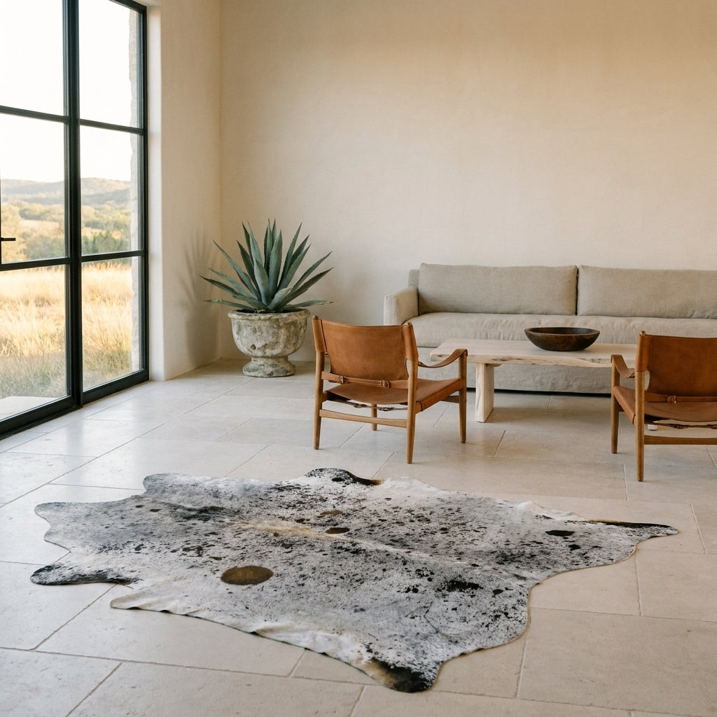 Black salt and pepper cowhide rug on a limestone floor in a minimal Texas Hill Country living room with leather sling chairs