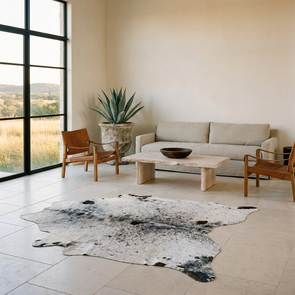 Black salt and pepper cowhide rug on a limestone floor in a minimal Texas Hill Country living room with leather sling chairs
