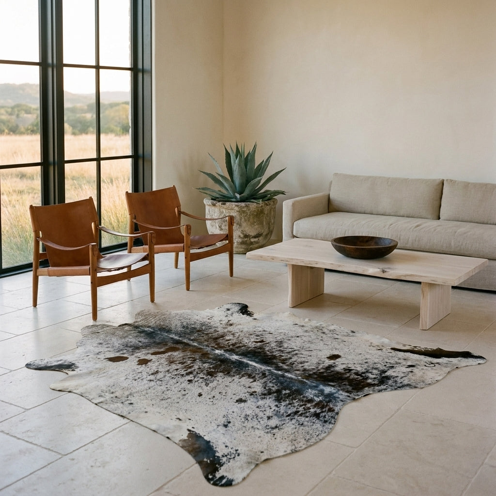 Black salt and pepper cowhide rug on a limestone floor in a minimal Texas Hill Country living room with leather sling chairs