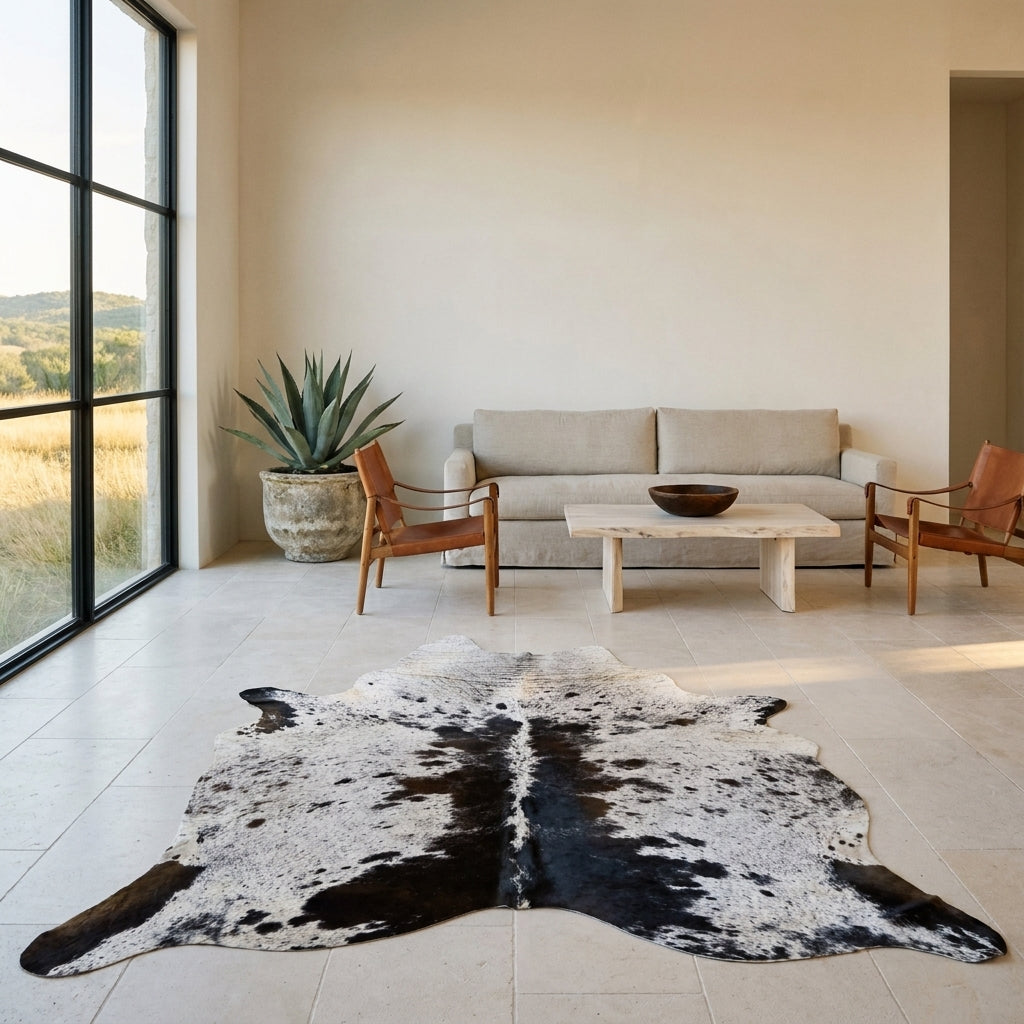 Black salt and pepper cowhide rug on a limestone floor in a minimal Texas Hill Country living room with leather sling chairs