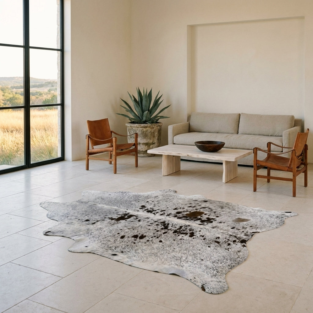 Black salt and pepper cowhide rug on a limestone floor in a minimal Texas Hill Country living room with leather sling chairs