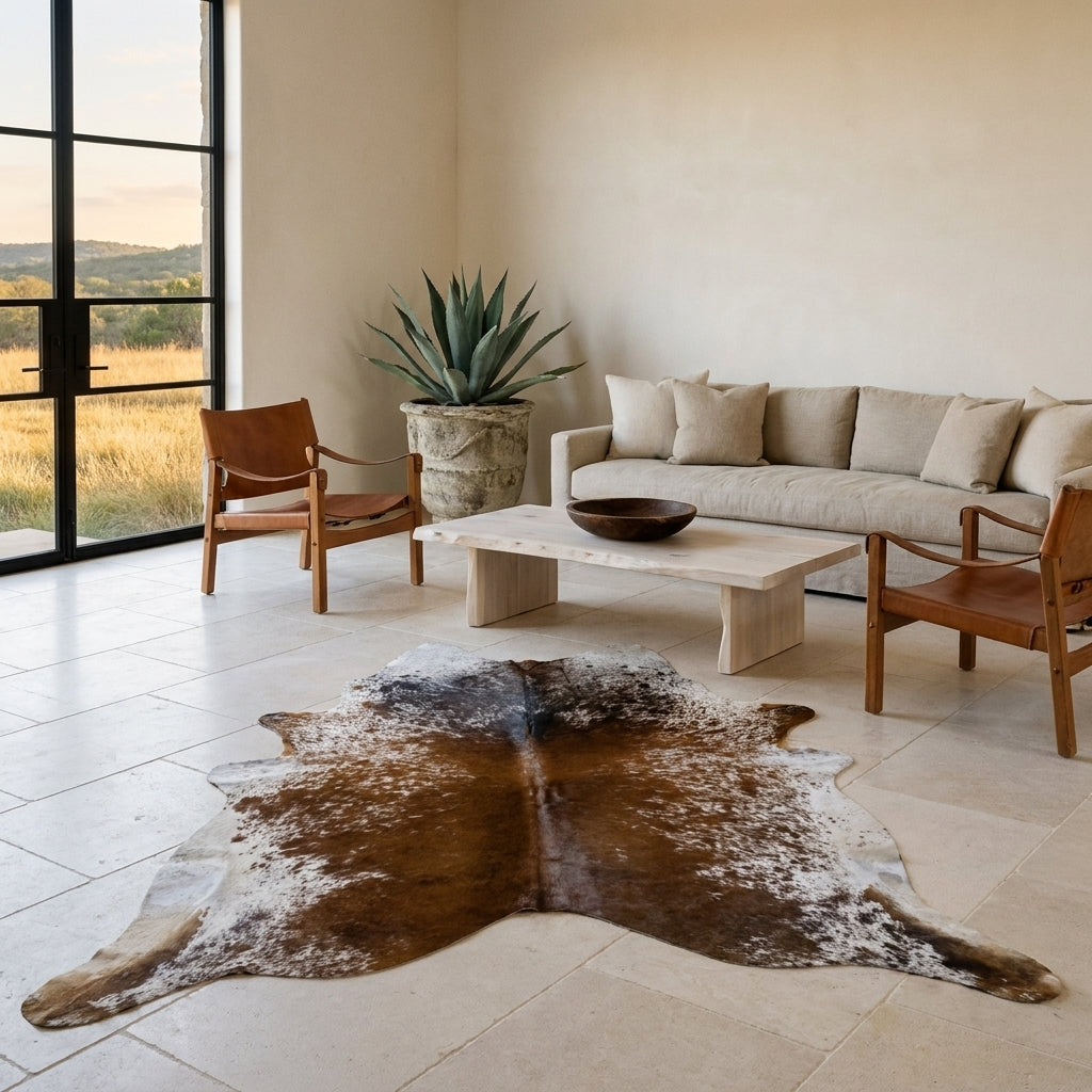 Black and brown salt and pepper cowhide rug on a limestone floor in a minimal Texas Hill Country living room with leather sling chairs