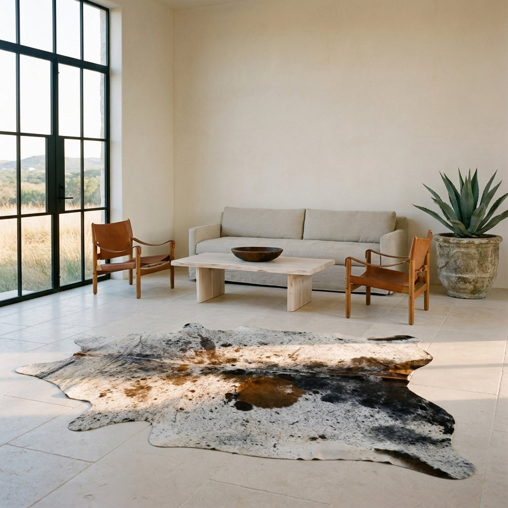 Black salt and pepper cowhide rug on a limestone floor in a minimal Texas Hill Country living room with leather sling chairs