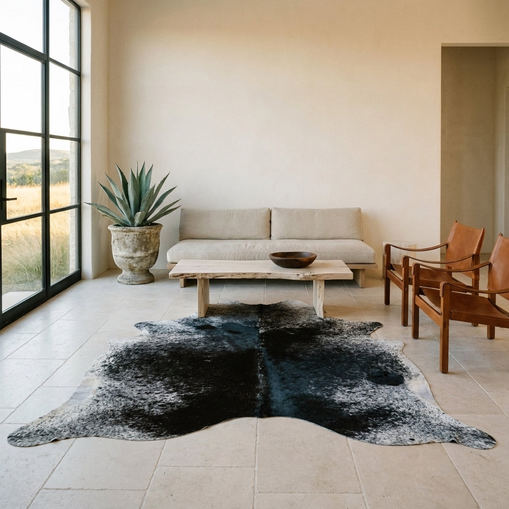Black salt and pepper cowhide rug on a limestone floor in a minimal Texas Hill Country living room with leather sling chairs