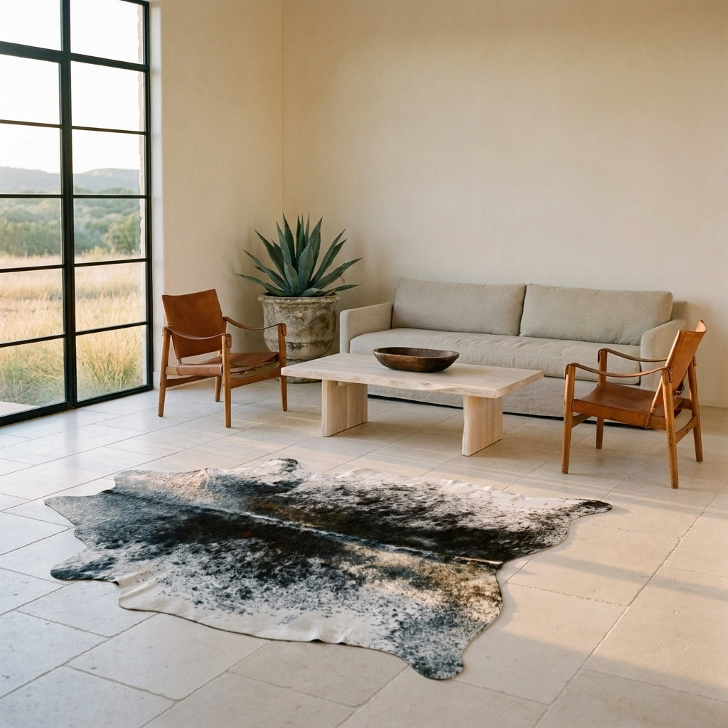 Black salt and pepper cowhide rug on a limestone floor in a minimal Texas Hill Country living room with leather sling chairs