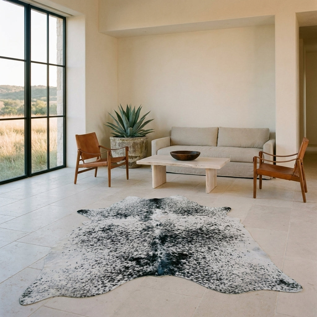 Black salt and pepper cowhide rug on a limestone floor in a minimal Texas Hill Country living room with leather sling chairs