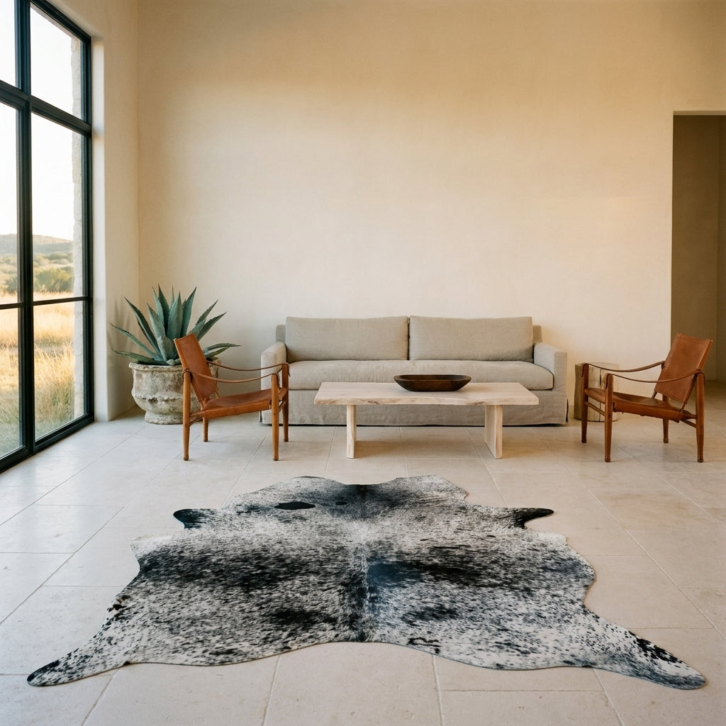 Black salt and pepper cowhide rug on a limestone floor in a minimal Texas Hill Country living room with leather sling chairs