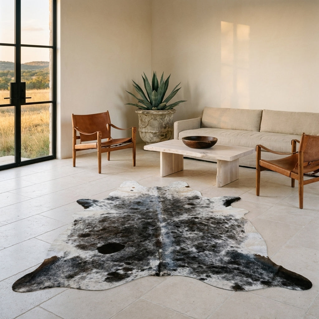 Black salt and pepper cowhide rug on a limestone floor in a minimal Texas Hill Country living room with leather sling chairs