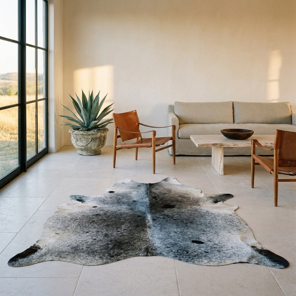 Black salt and pepper cowhide rug on a limestone floor in a minimal Texas Hill Country living room with leather sling chairs