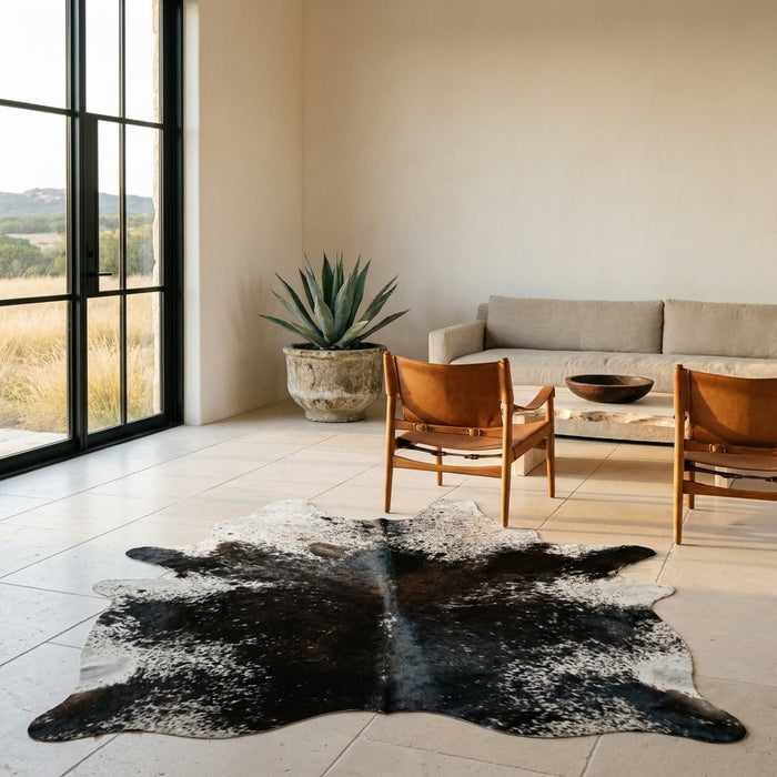 Dark salt and pepper Brazilian cowhide rug on a limestone floor in a minimal Texas Hill Country living room with leather sling chairs