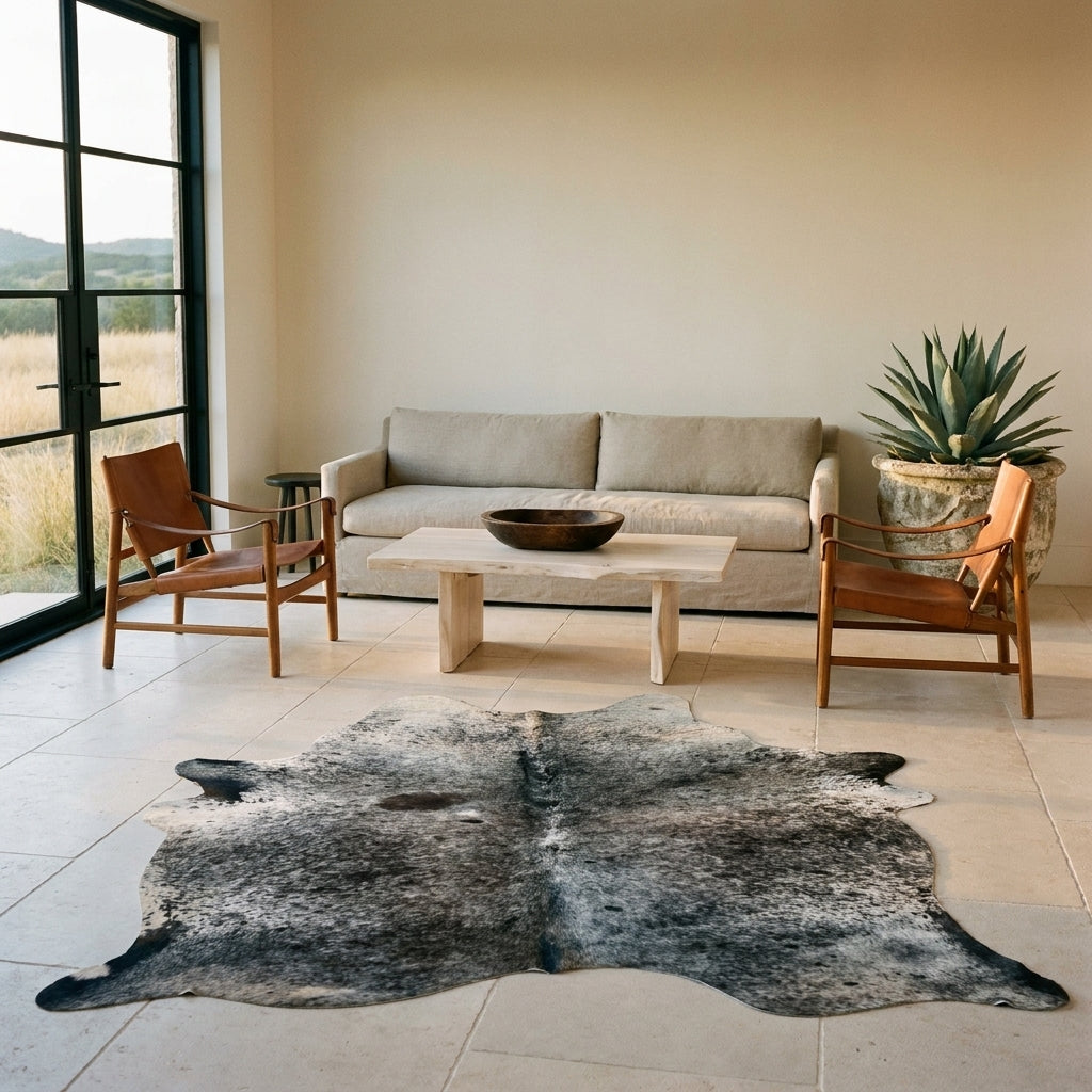Dark salt and pepper Brazilian cowhide rug on a limestone floor in a minimal Texas Hill Country living room with leather sling chairs