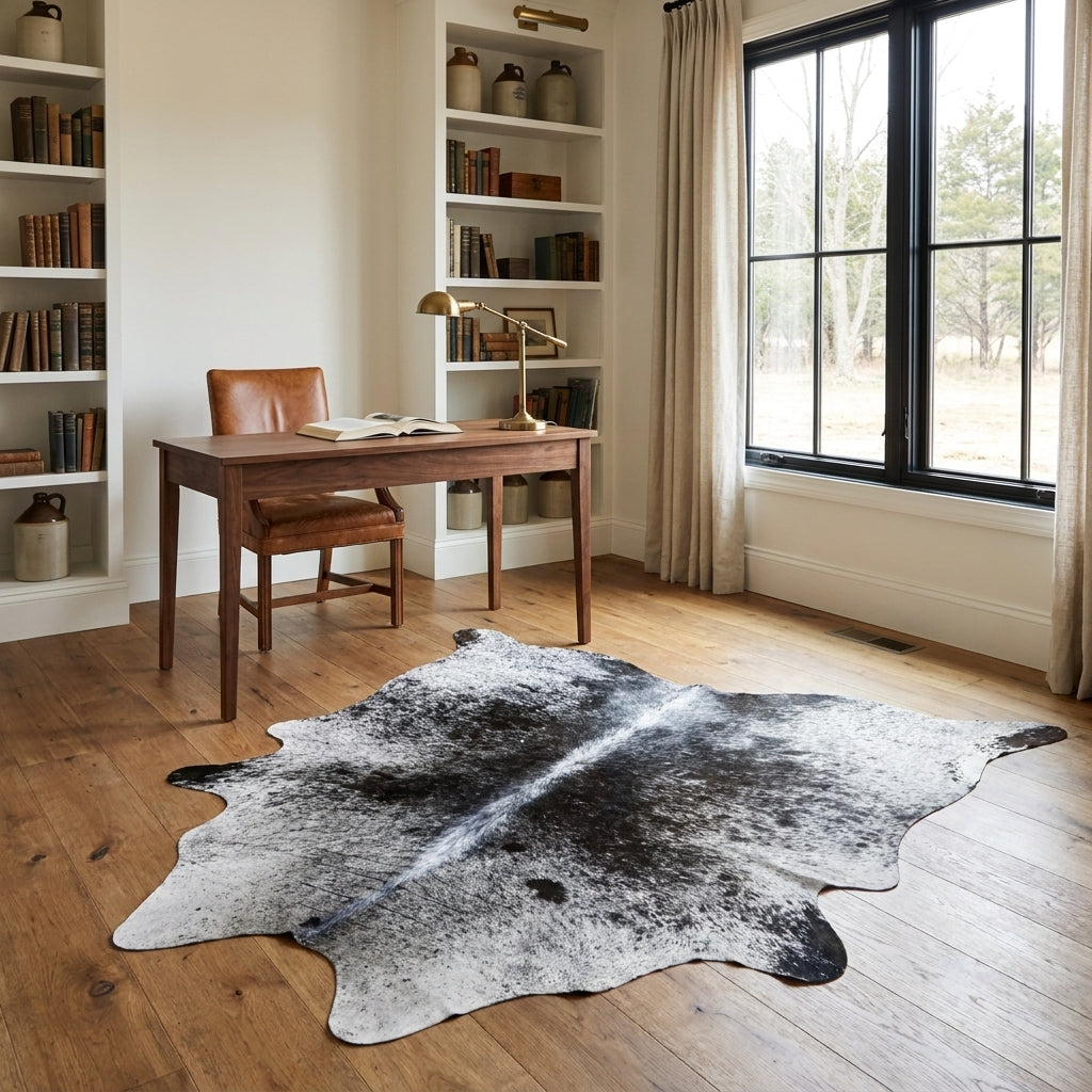Black salt and pepper cowhide rug in a farmhouse home study with a walnut desk, leather chair and built-in bookshelves