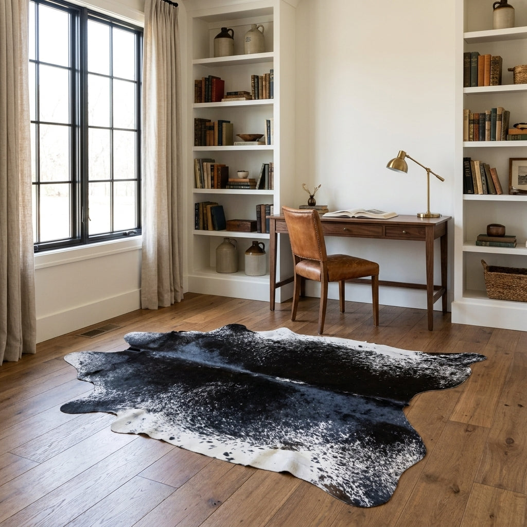Black salt and pepper cowhide rug in a farmhouse home study with a walnut desk, leather chair and built-in bookshelves