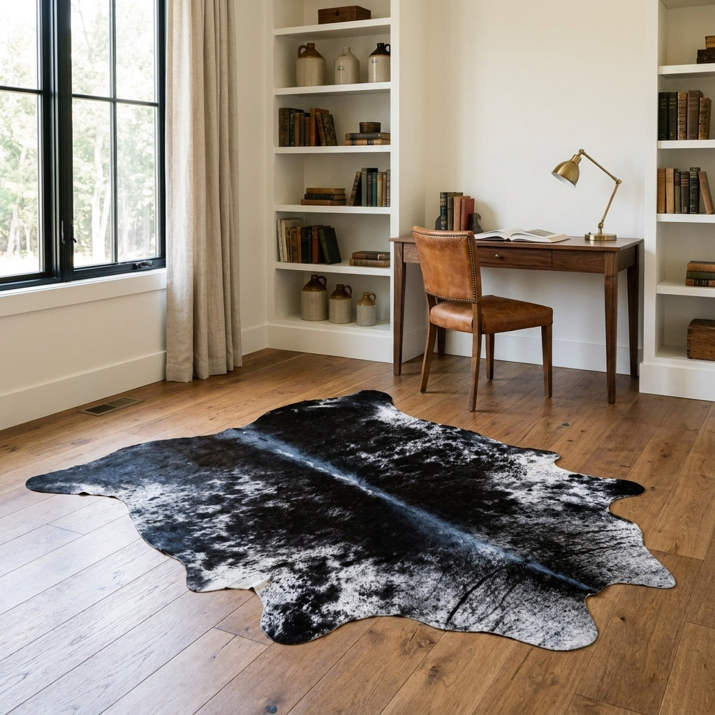 Black salt and pepper cowhide rug in a farmhouse home study with a walnut desk, leather chair and built-in bookshelves