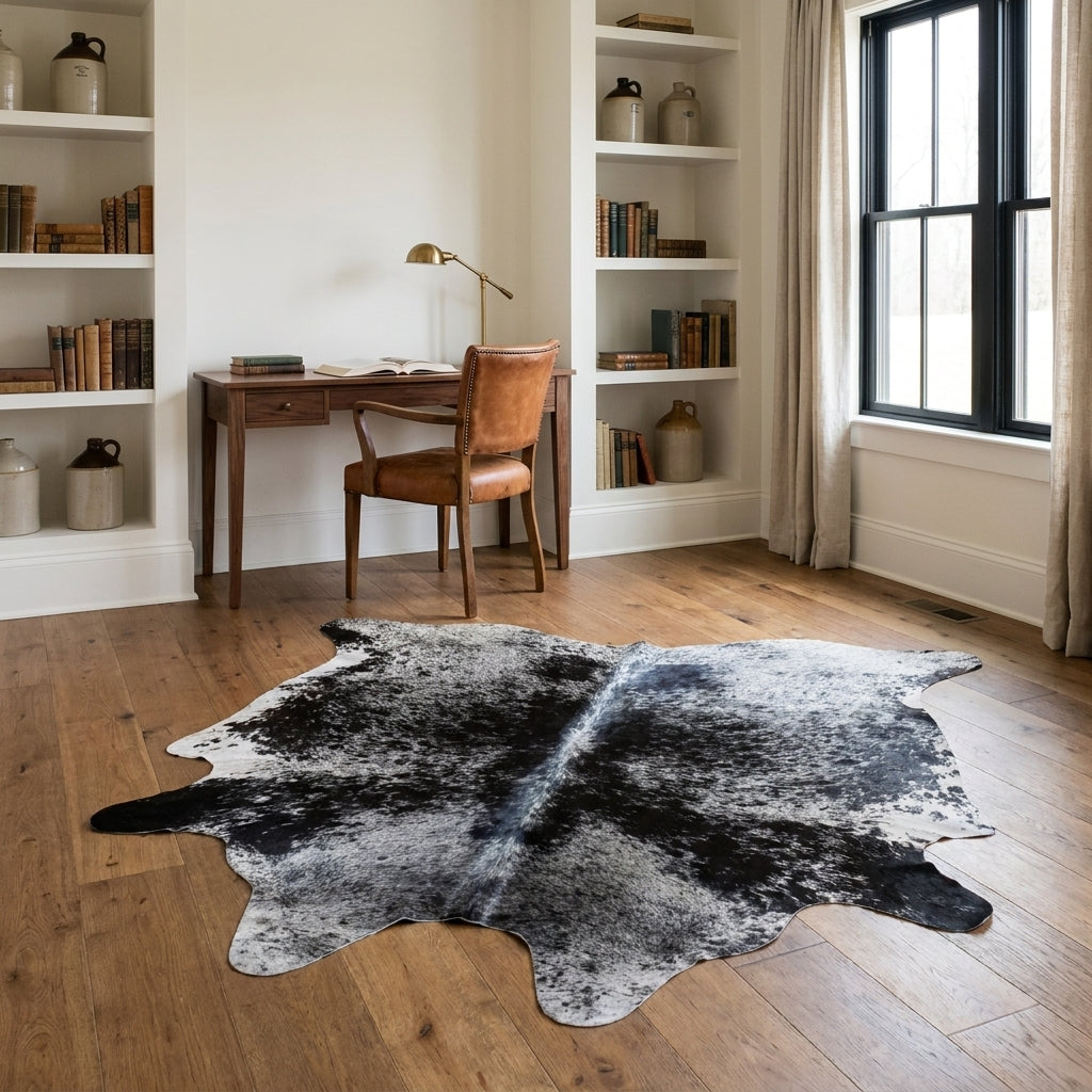 Black salt and pepper cowhide rug in a farmhouse home study with a walnut desk, leather chair and built-in bookshelves