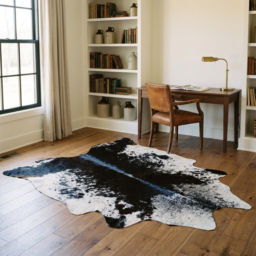 Black salt and pepper cowhide rug in a farmhouse home study with a walnut desk, leather chair and built-in bookshelves