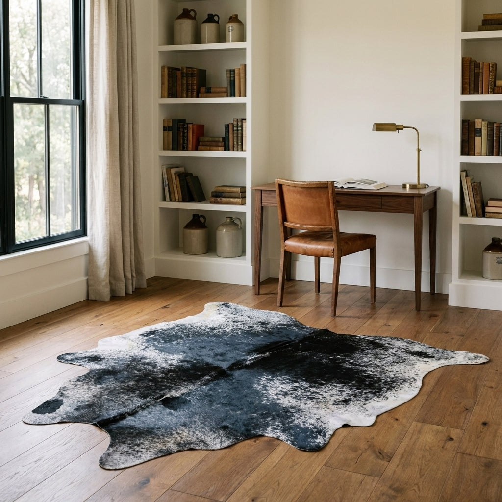 Black salt and pepper cowhide rug in a farmhouse home study with a walnut desk, leather chair and built-in bookshelves