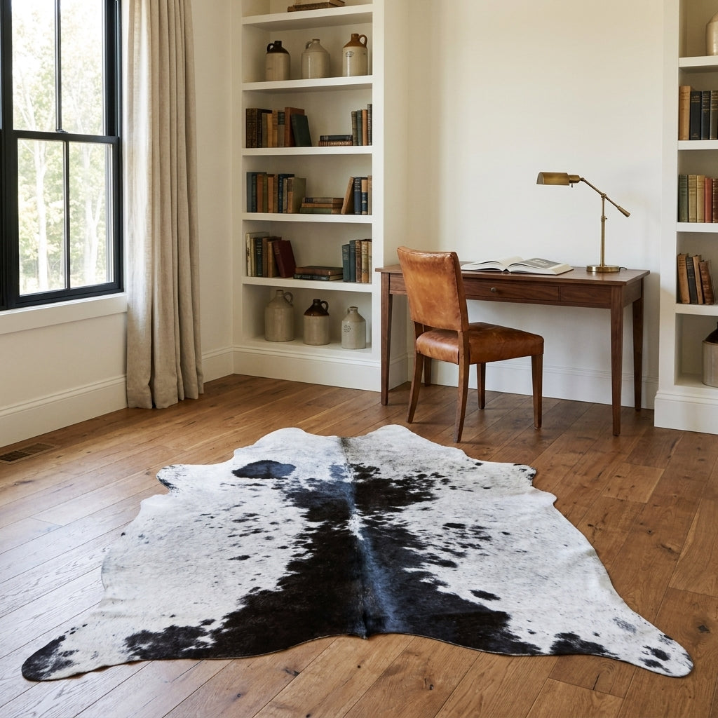 Black and white salt and pepper cowhide rug in a farmhouse home study with a walnut desk, leather chair and built-in bookshelves