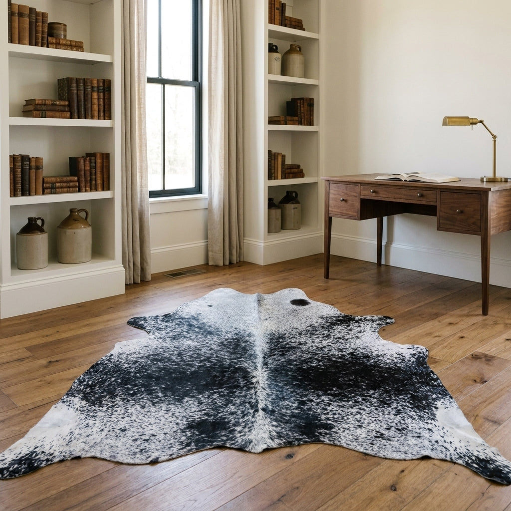 Black salt and pepper cowhide rug in a farmhouse home study with a walnut desk and built-in bookshelves