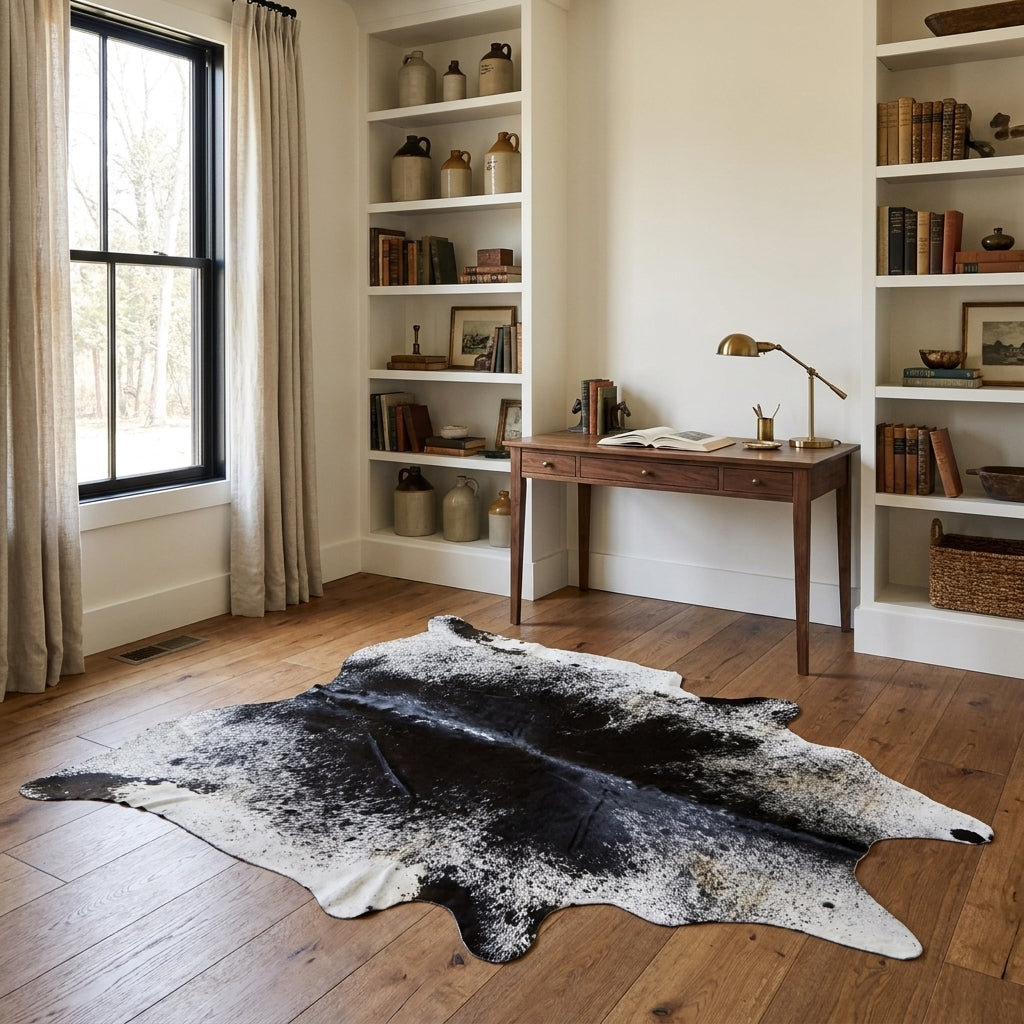 Black salt and pepper cowhide rug in a farmhouse home study with a walnut desk and built-in bookshelves