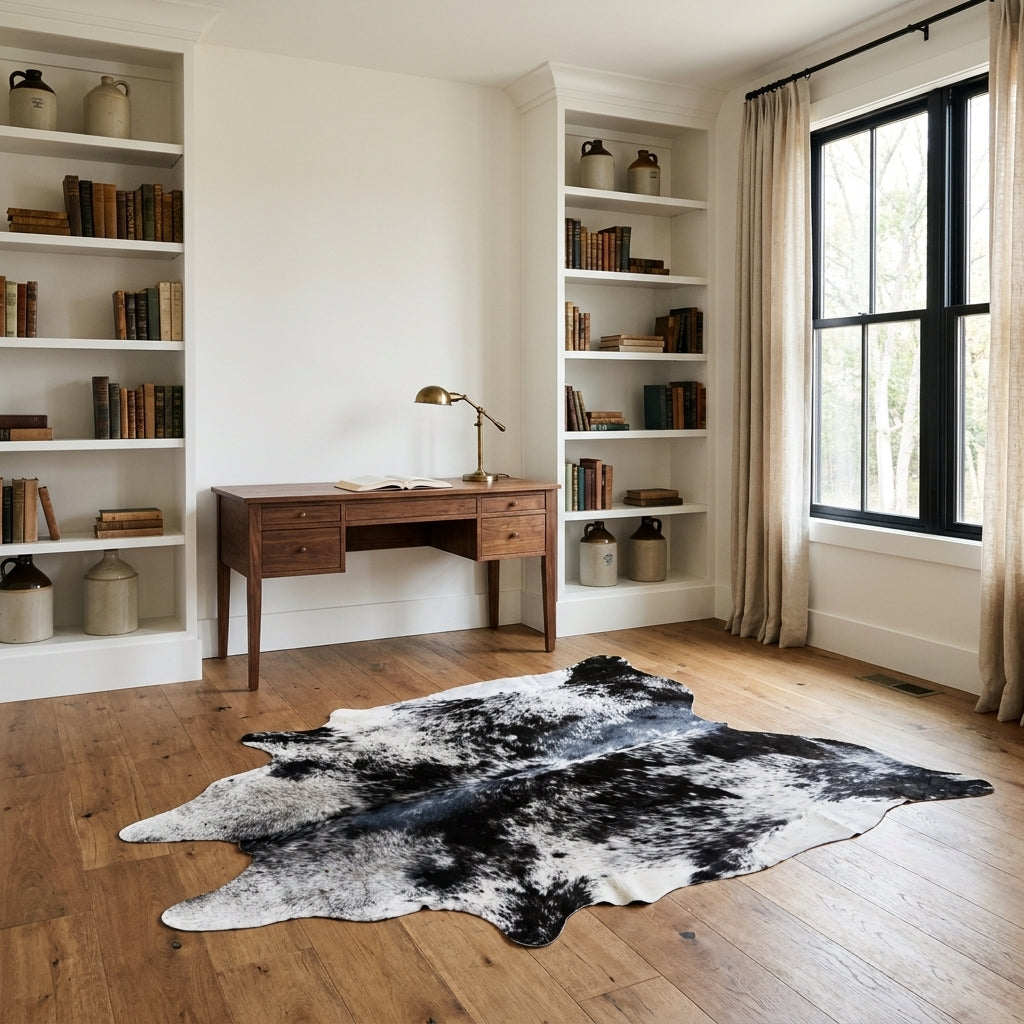 Black salt and pepper cowhide rug in a farmhouse home study with a walnut desk and built-in bookshelves