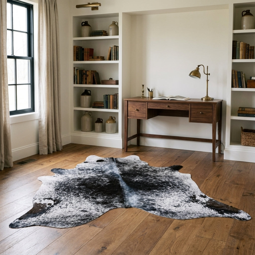 Black salt and pepper cowhide rug in a farmhouse home study with a walnut desk and built-in bookshelves
