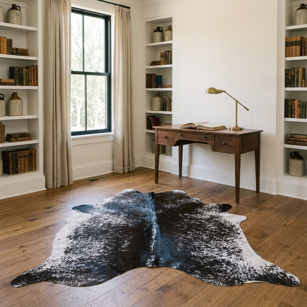 Black salt and pepper cowhide rug in a farmhouse home study with a walnut desk and built-in bookshelves