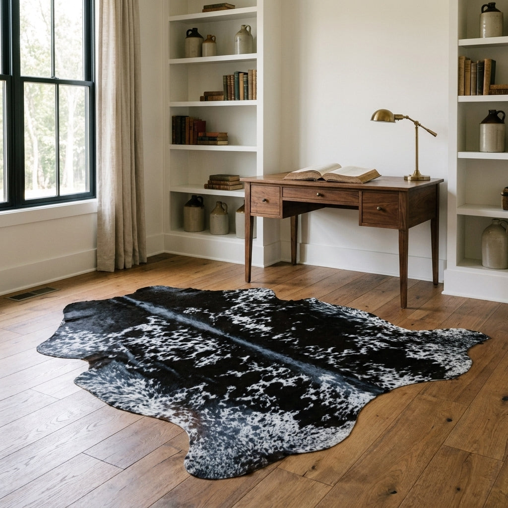 Black salt and pepper cowhide rug in a farmhouse home study with a walnut desk and built-in bookshelves