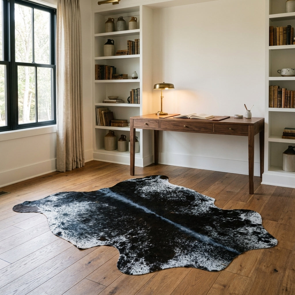 Black salt and pepper cowhide rug in a farmhouse home study with a walnut desk and built-in bookshelves