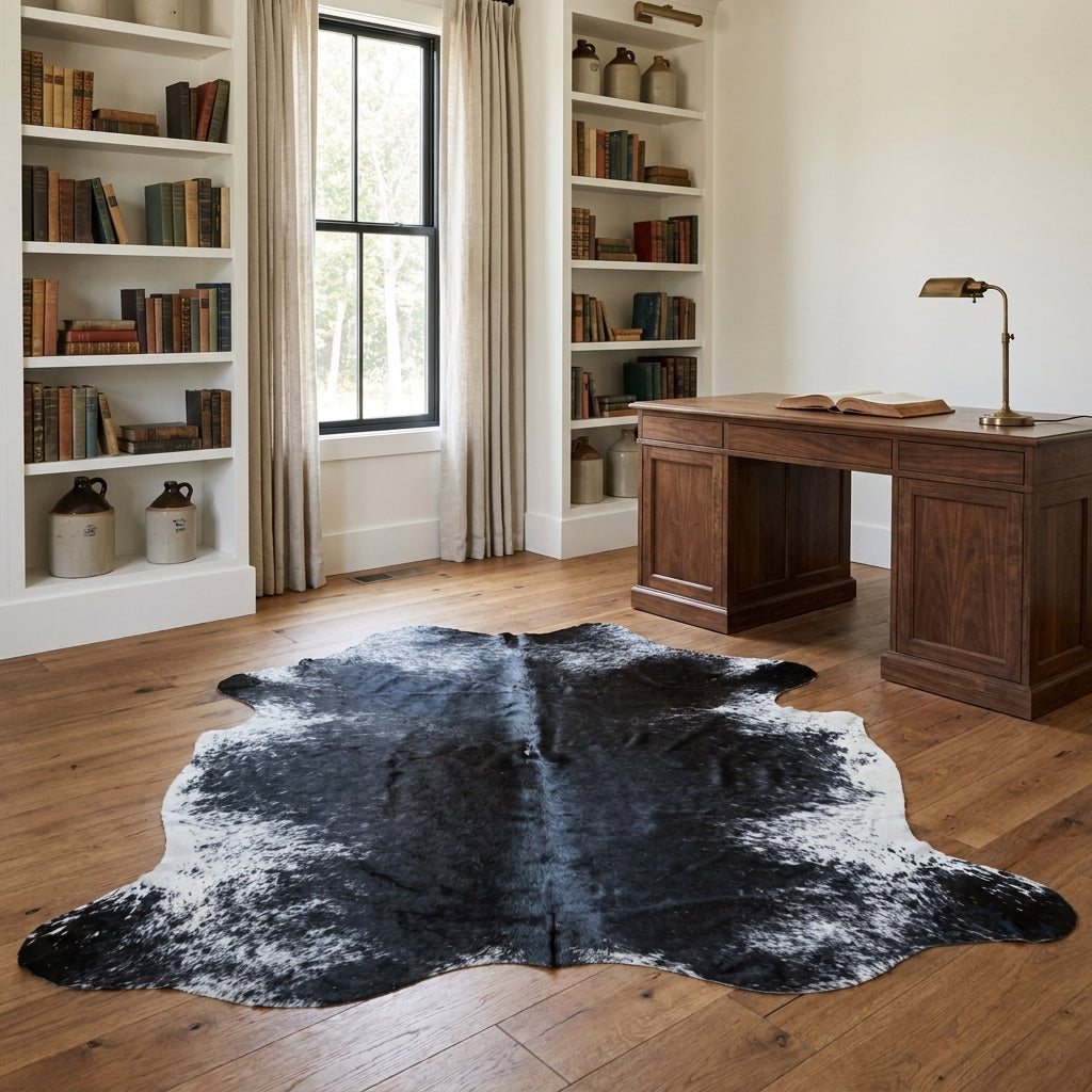 Black salt and pepper cowhide rug in a farmhouse home study with a walnut desk and built-in bookshelves