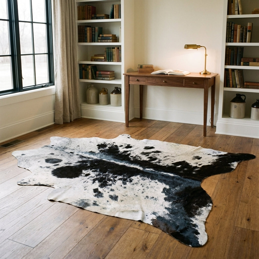 Black and white salt and pepper cowhide rug in a farmhouse home study with a walnut desk and built-in bookshelves
