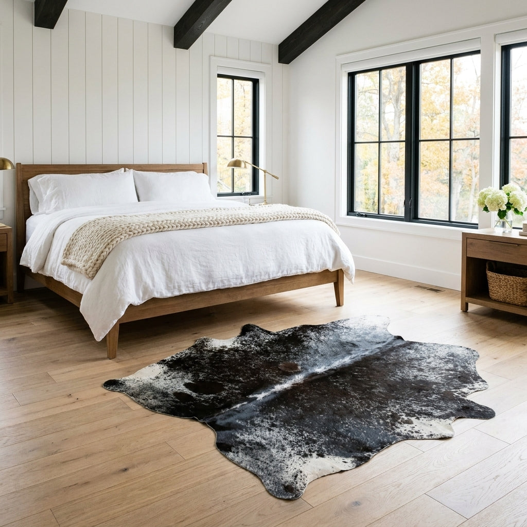 Black and white speckled Brazilian cowhide rug in front of a bed in a bright modern farmhouse bedroom with light oak floors