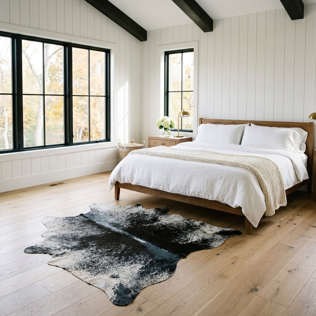 Black and white speckled Brazilian cowhide rug in front of a bed in a bright modern farmhouse bedroom with light oak floors
