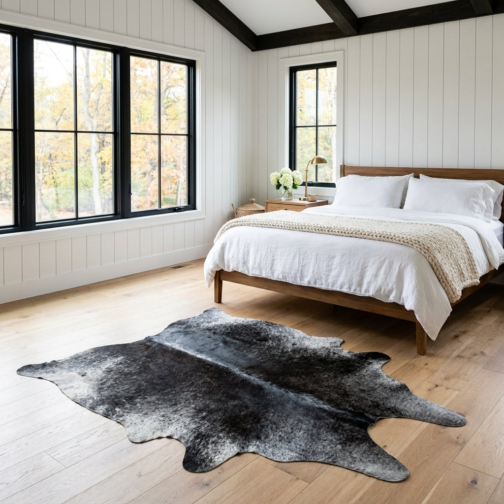Black and white speckled Brazilian cowhide rug in front of a bed in a bright modern farmhouse bedroom with light oak floors