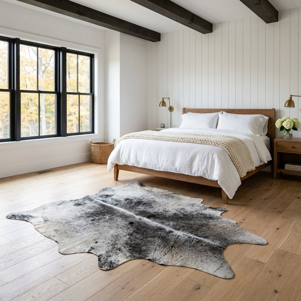 Black and white speckled Brazilian cowhide rug in front of a bed in a bright modern farmhouse bedroom with light oak floors